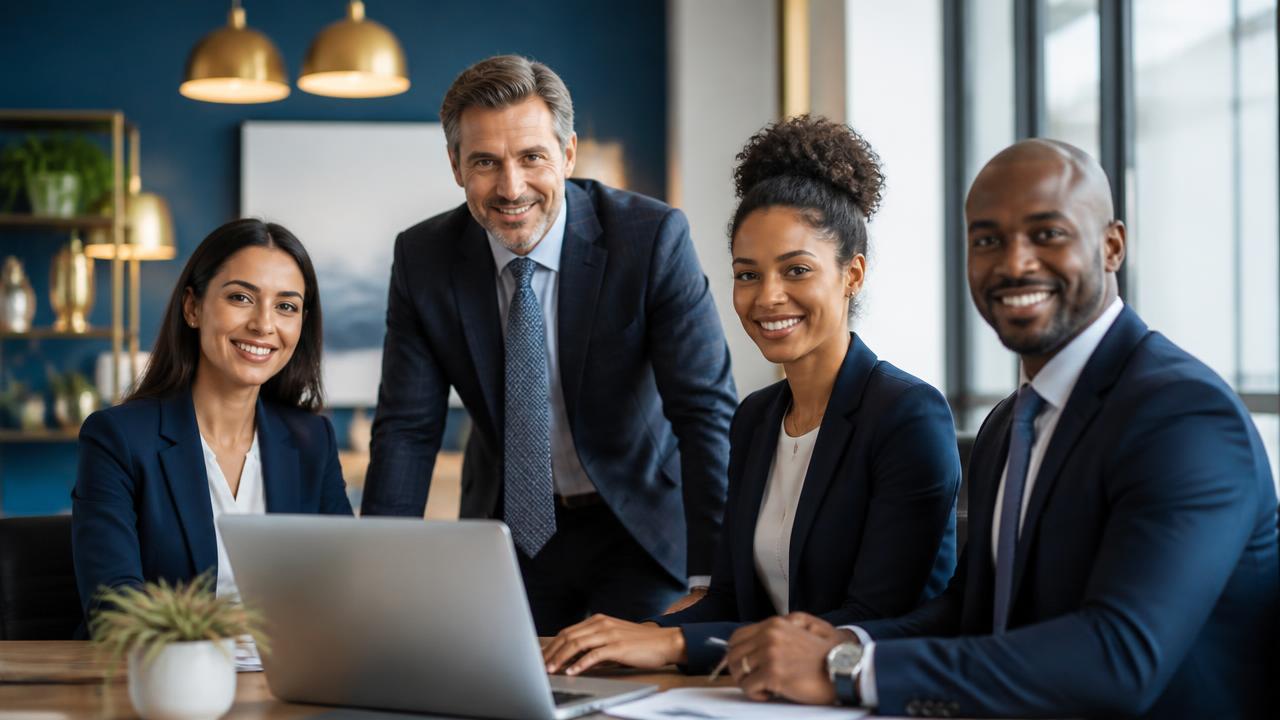 Professional insurance sales team collaborating in a modern office